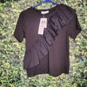 Black blouse top ruffle Tshirt Womens